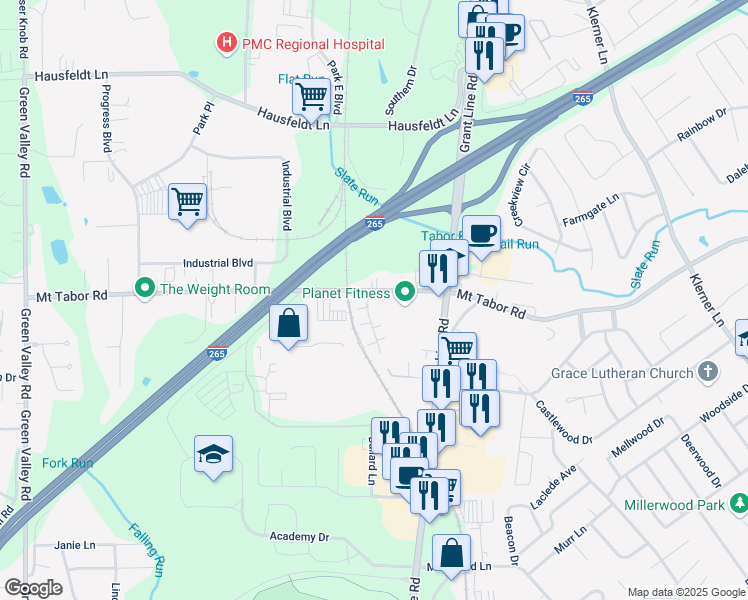 map of restaurants, bars, coffee shops, grocery stores, and more near 719 Mount Tabor Road in New Albany