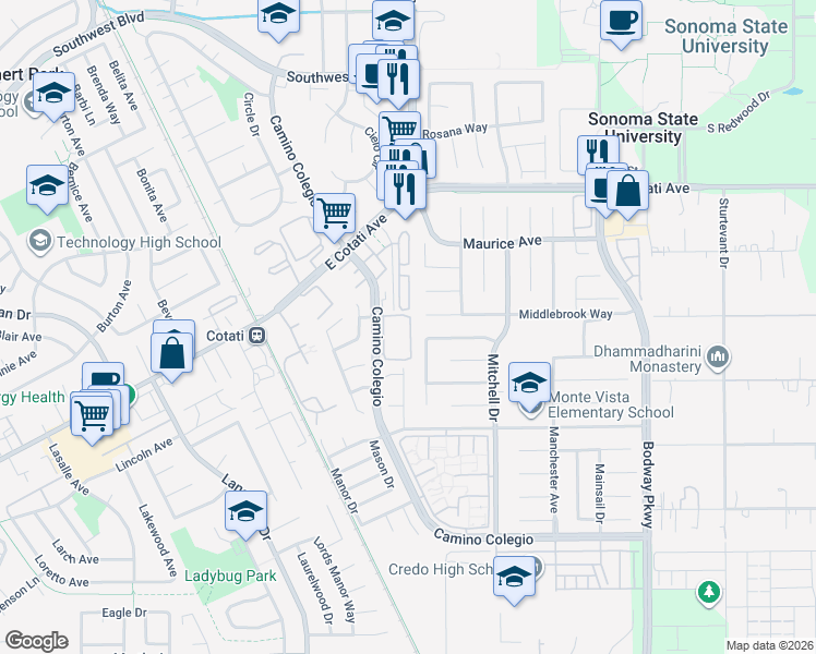 map of restaurants, bars, coffee shops, grocery stores, and more near 7651 Camino Colegio in Rohnert Park