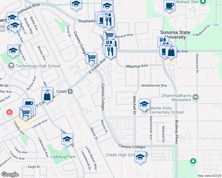 map of restaurants, bars, coffee shops, grocery stores, and more near 7651 Camino Colegio in Rohnert Park