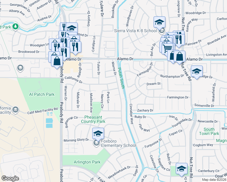 map of restaurants, bars, coffee shops, grocery stores, and more near 2162 California Drive in Vacaville