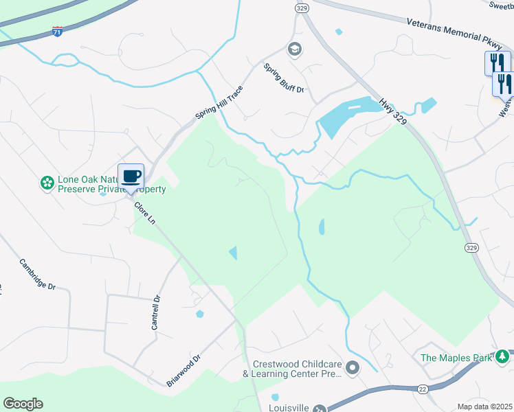 map of restaurants, bars, coffee shops, grocery stores, and more near 6710 Briarhill Road in Crestwood