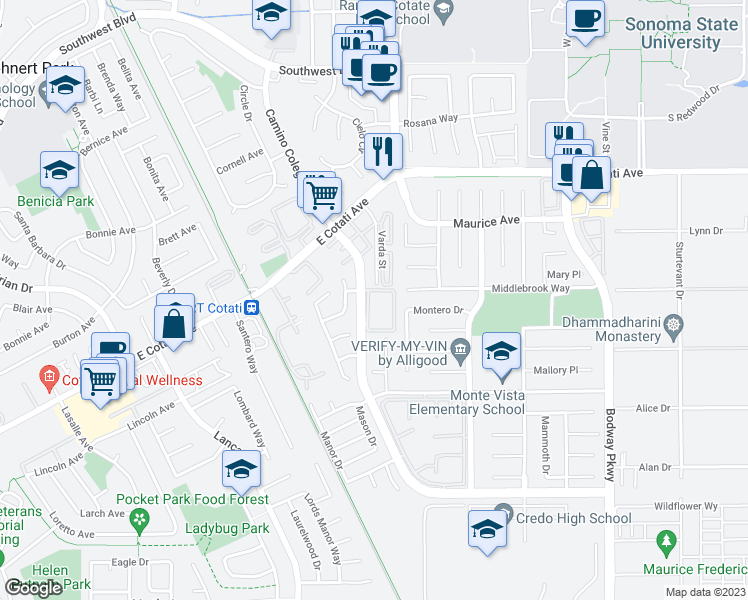 map of restaurants, bars, coffee shops, grocery stores, and more near 7607 Camino Colegio in Rohnert Park