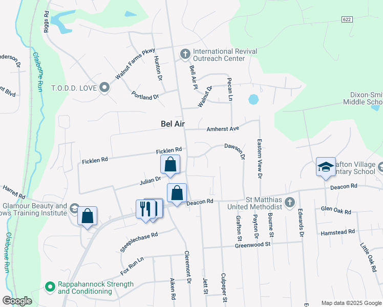 map of restaurants, bars, coffee shops, grocery stores, and more near 60 Dawson Drive in Fredericksburg