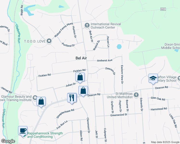 map of restaurants, bars, coffee shops, grocery stores, and more near 60 Dawson Drive in Fredericksburg