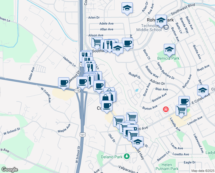 map of restaurants, bars, coffee shops, grocery stores, and more near 215 Wilford Lane in Cotati