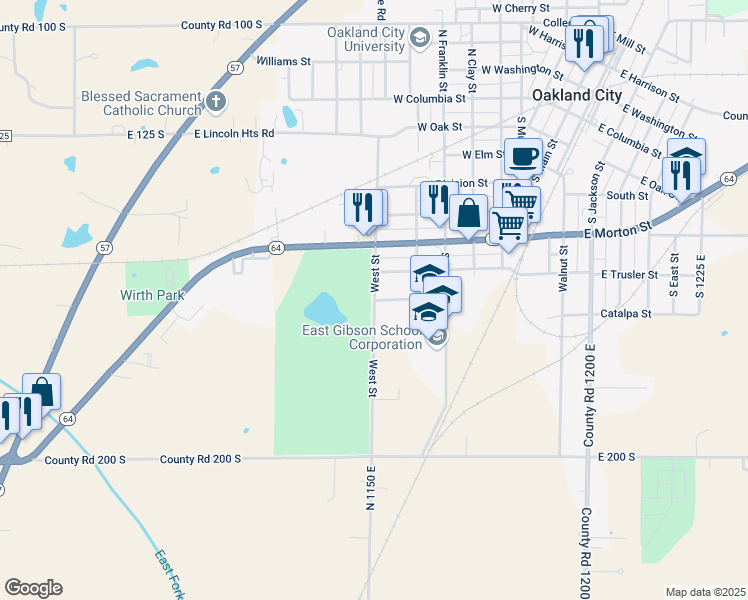 map of restaurants, bars, coffee shops, grocery stores, and more near 1593 West Street in Oakland City