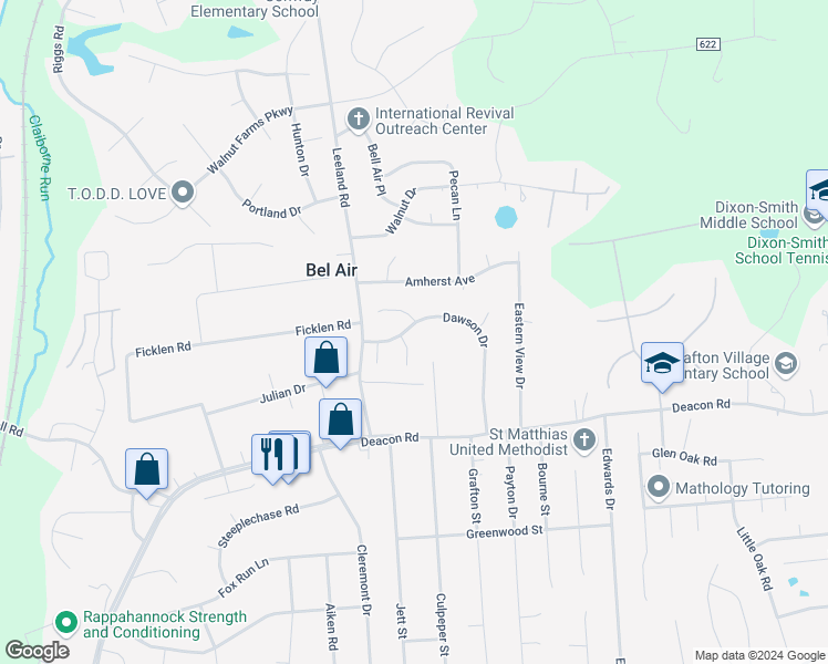 map of restaurants, bars, coffee shops, grocery stores, and more near 47 Dawson Drive in Fredericksburg