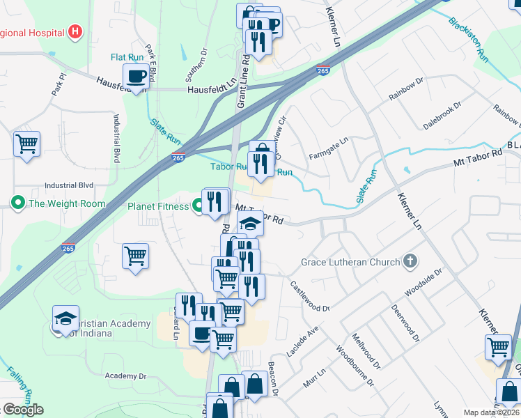 map of restaurants, bars, coffee shops, grocery stores, and more near 811 Northgate Boulevard in New Albany