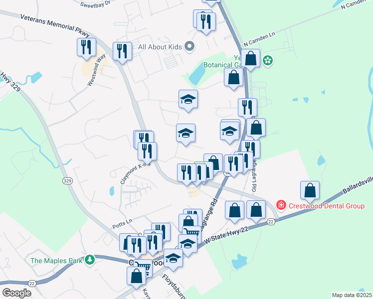 map of restaurants, bars, coffee shops, grocery stores, and more near 5901 Veterans Memorial Parkway in Crestwood