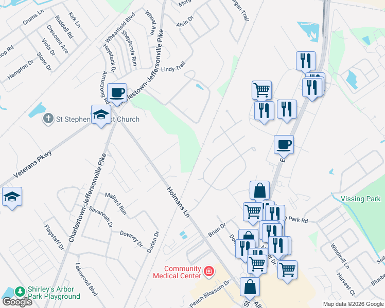 map of restaurants, bars, coffee shops, grocery stores, and more near 3115 Lindsay Court in Jeffersonville
