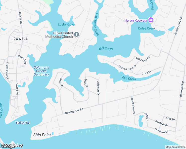 map of restaurants, bars, coffee shops, grocery stores, and more near 115 Johnson Drive in Lusby