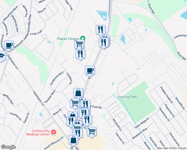 map of restaurants, bars, coffee shops, grocery stores, and more near 3606 East 10th Street in Jeffersonville