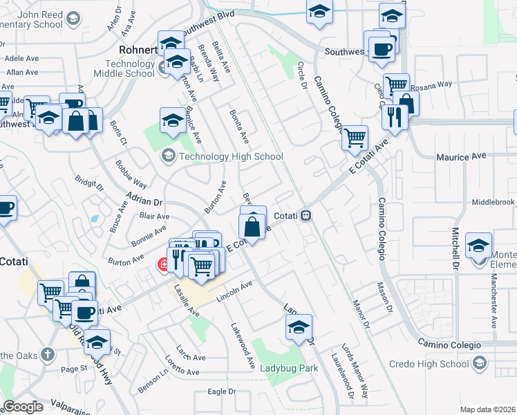 map of restaurants, bars, coffee shops, grocery stores, and more near 8073 Santa Barbara Drive in Rohnert Park