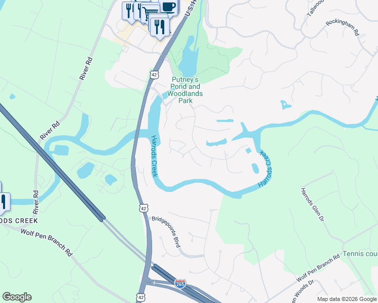 map of restaurants, bars, coffee shops, grocery stores, and more near Timber Crest Drive in Prospect