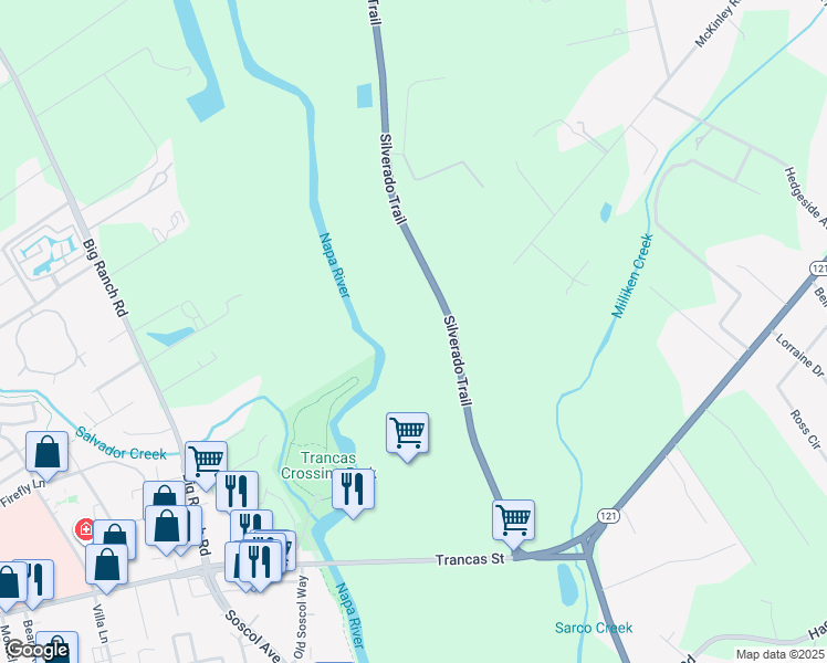 map of restaurants, bars, coffee shops, grocery stores, and more near 2175 Silverado Trail in Napa