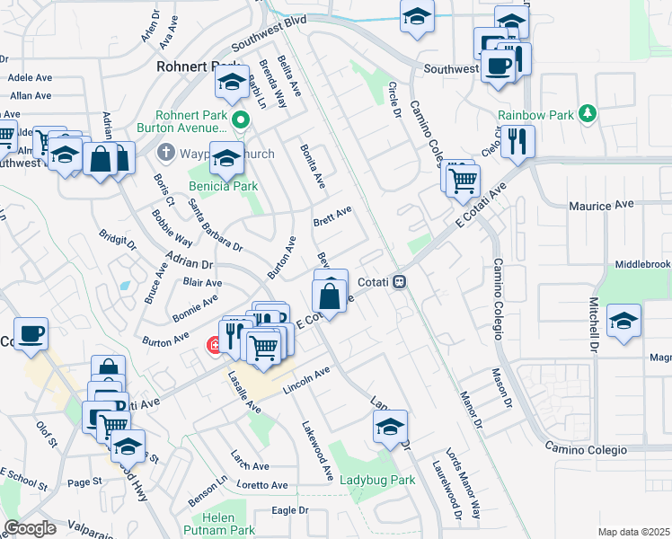 map of restaurants, bars, coffee shops, grocery stores, and more near 8020 Beverly Drive in Rohnert Park