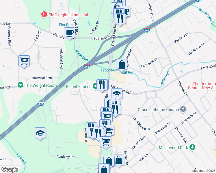 map of restaurants, bars, coffee shops, grocery stores, and more near 800 Mount Tabor Road in New Albany