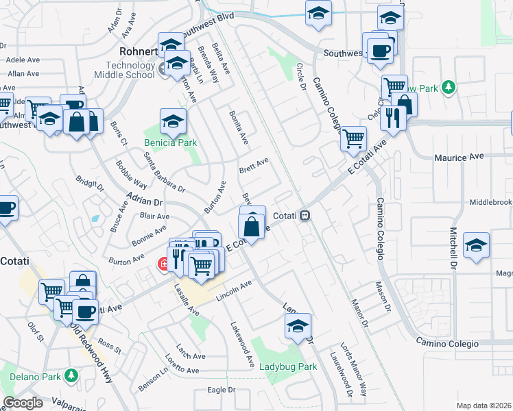 map of restaurants, bars, coffee shops, grocery stores, and more near 8020 Beverly Drive in Rohnert Park