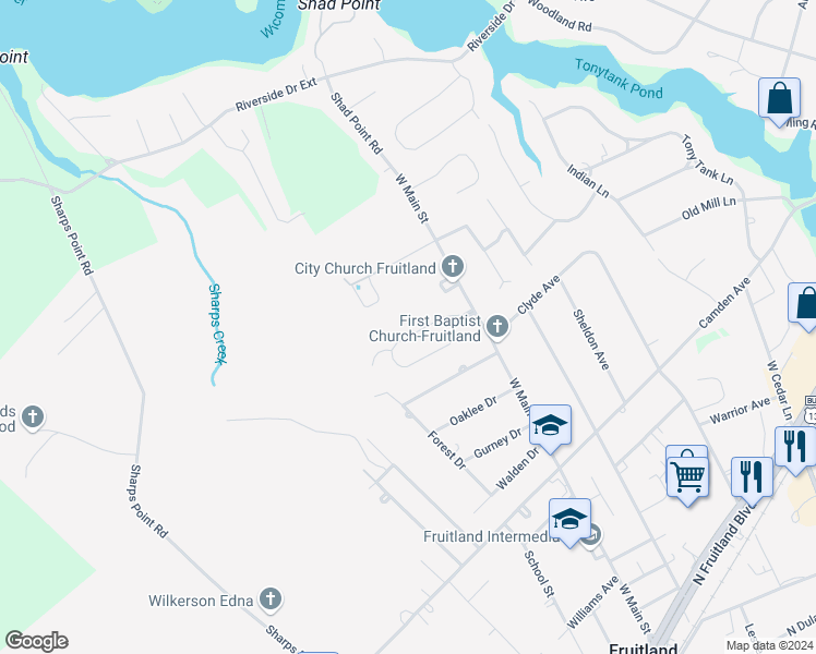 map of restaurants, bars, coffee shops, grocery stores, and more near 114 Nentego Drive in Fruitland