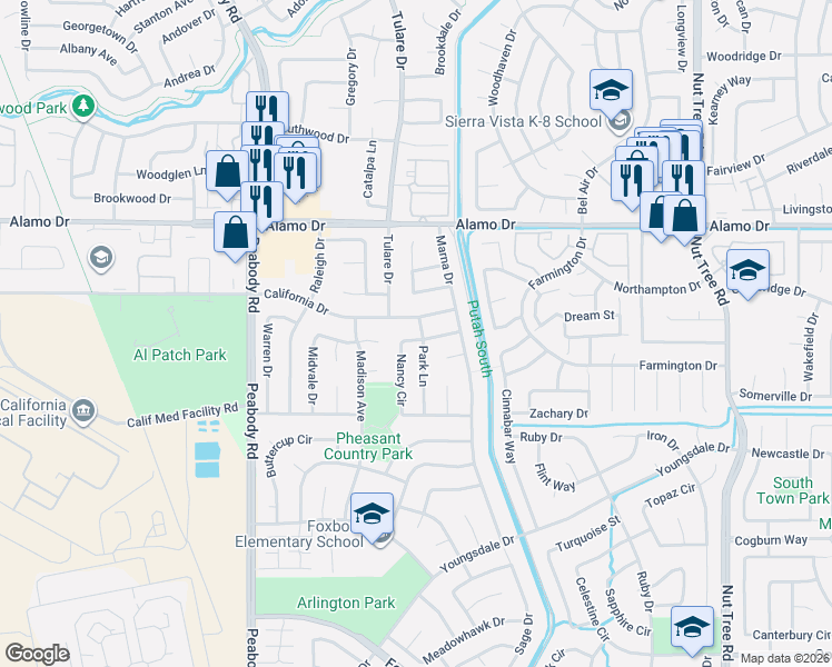 map of restaurants, bars, coffee shops, grocery stores, and more near 2162 California Drive in Vacaville