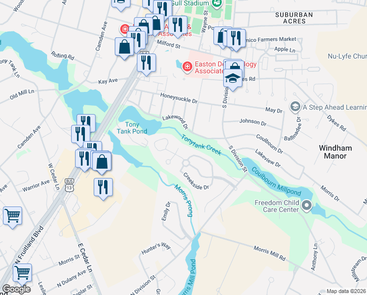 map of restaurants, bars, coffee shops, grocery stores, and more near 1600 Piney Grove Court in Salisbury