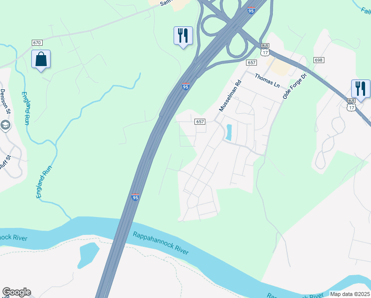 map of restaurants, bars, coffee shops, grocery stores, and more near 423 Snowberry Lane in Fredericksburg
