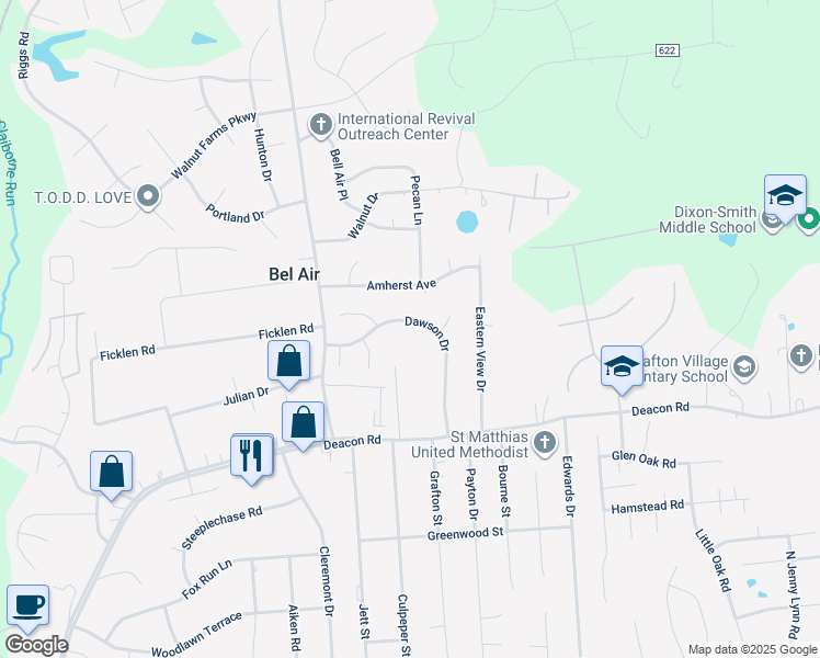 map of restaurants, bars, coffee shops, grocery stores, and more near 37 Dawson Drive in Fredericksburg