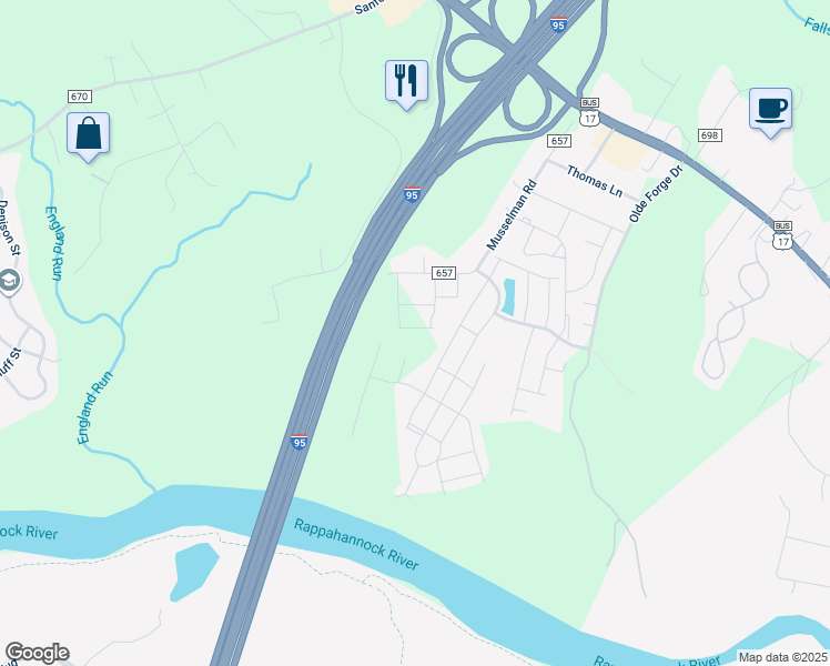 map of restaurants, bars, coffee shops, grocery stores, and more near 423 Snowberry Lane in Fredericksburg