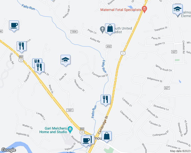 map of restaurants, bars, coffee shops, grocery stores, and more near 49 Carriage Hill Drive in Fredericksburg