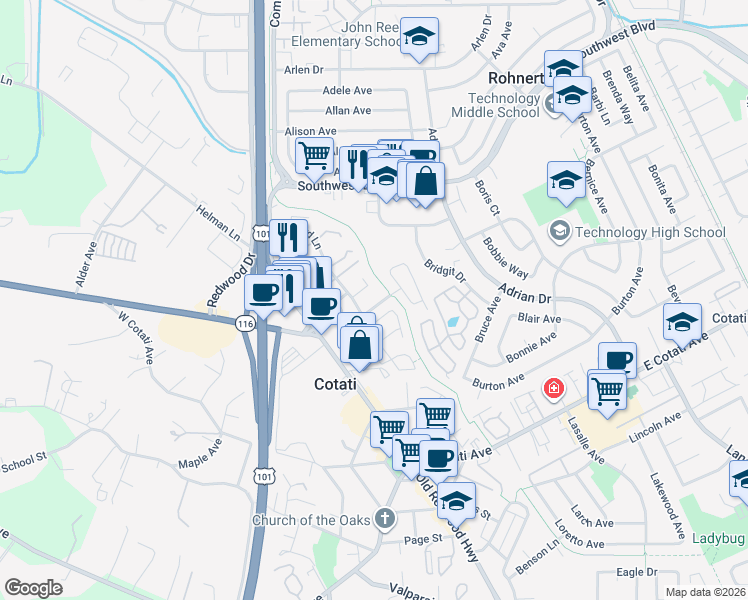 map of restaurants, bars, coffee shops, grocery stores, and more near 8733 Gravenstein Way in Cotati
