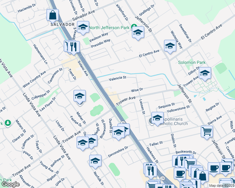 map of restaurants, bars, coffee shops, grocery stores, and more near 1996 Wise Drive in Napa