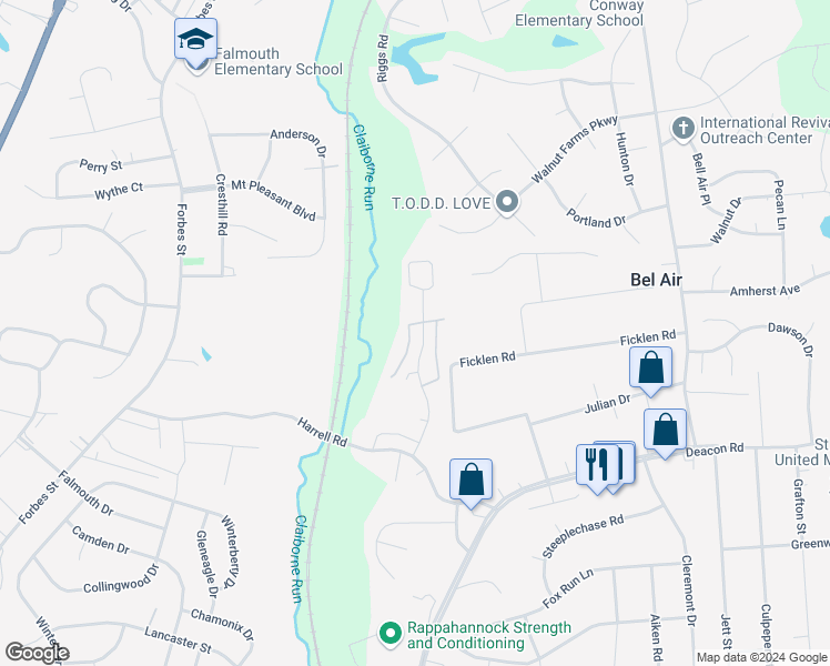 map of restaurants, bars, coffee shops, grocery stores, and more near 205 Dundee Place in Fredericksburg