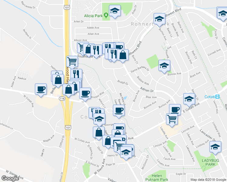 map of restaurants, bars, coffee shops, grocery stores, and more near 8891 Gravenstein Way in Cotati