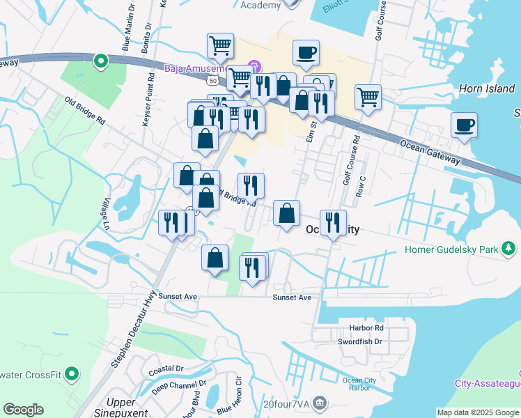 map of restaurants, bars, coffee shops, grocery stores, and more near 12715 Old Bridge Road in Ocean City