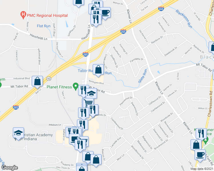map of restaurants, bars, coffee shops, grocery stores, and more near 822 Northgate Boulevard in New Albany