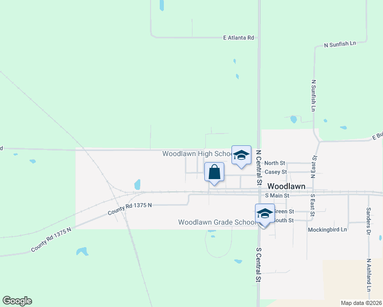 map of restaurants, bars, coffee shops, grocery stores, and more near County Road 1425 North in Woodlawn