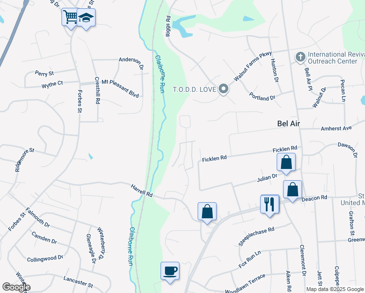 map of restaurants, bars, coffee shops, grocery stores, and more near 203 Dundee Place in Fredericksburg