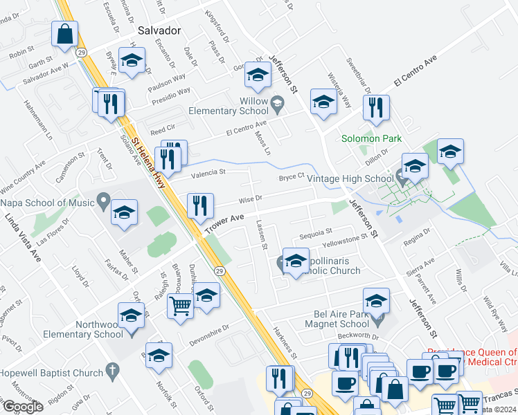 map of restaurants, bars, coffee shops, grocery stores, and more near 3930 Lassen Street in Napa