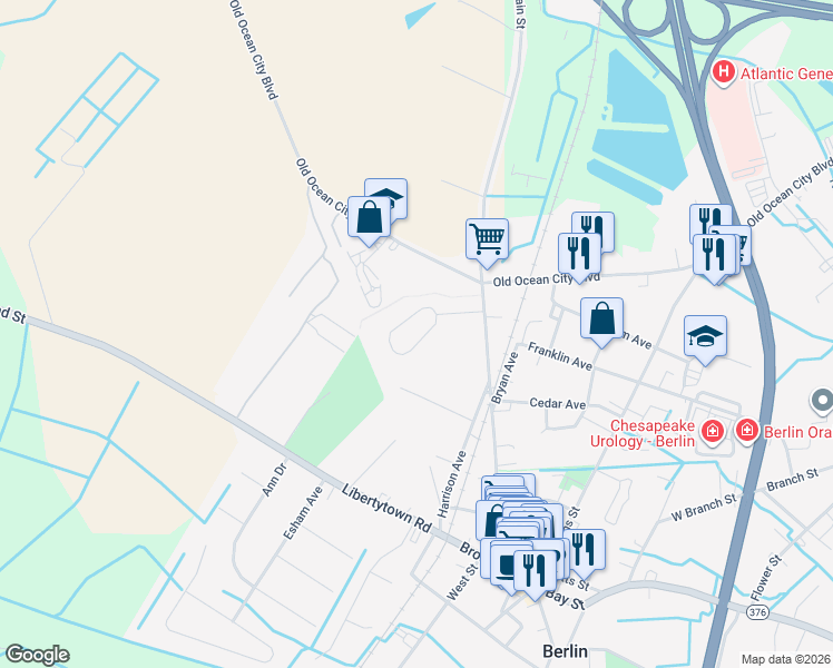 map of restaurants, bars, coffee shops, grocery stores, and more near 107 Austin Circle in Berlin