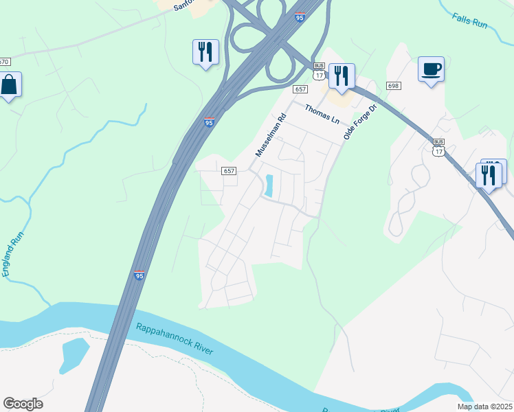 map of restaurants, bars, coffee shops, grocery stores, and more near 133 Streamview Drive in Fredericksburg