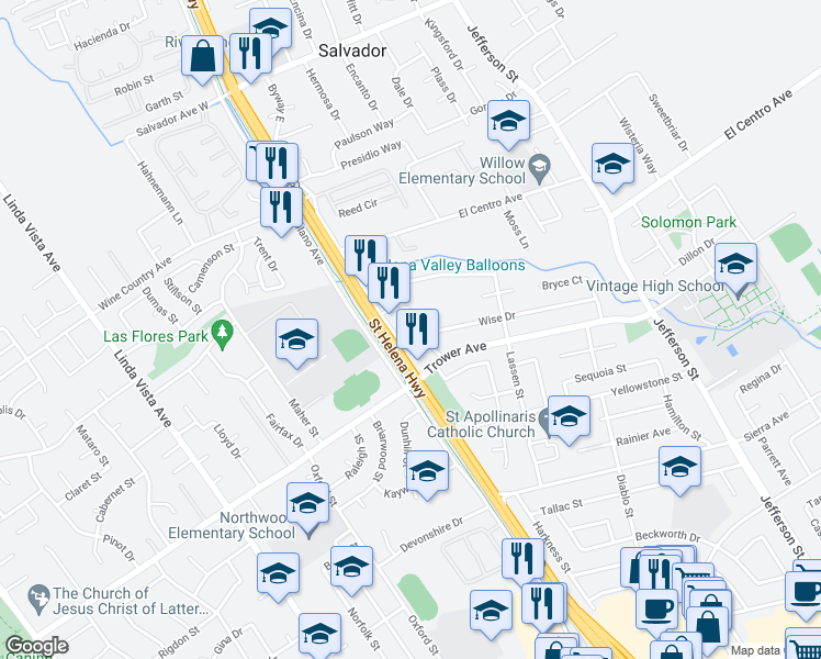 map of restaurants, bars, coffee shops, grocery stores, and more near 4 Wise Drive in Napa