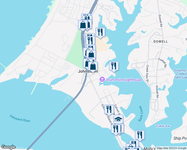 map of restaurants, bars, coffee shops, grocery stores, and more near 225 Lore Road in Solomons