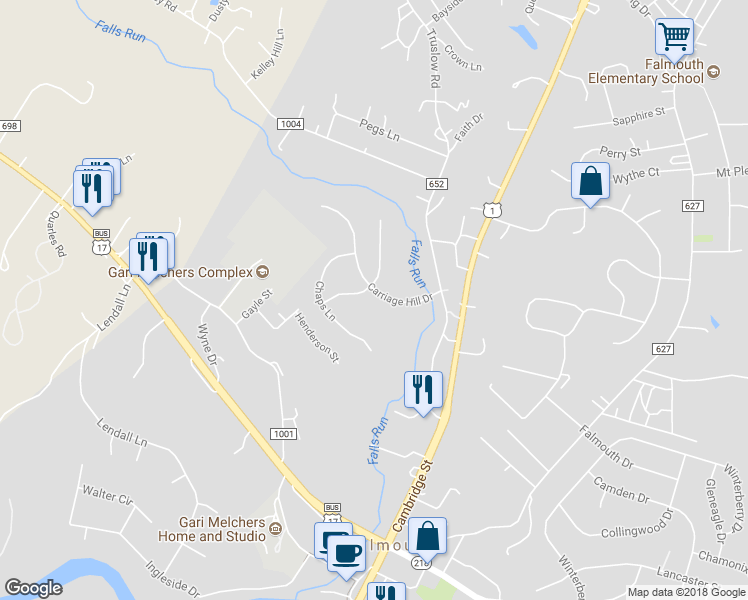 map of restaurants, bars, coffee shops, grocery stores, and more near 57 Carriage Hill Drive in Fredericksburg