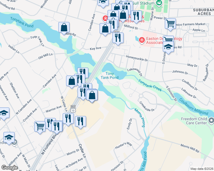 map of restaurants, bars, coffee shops, grocery stores, and more near 228 Canal Park Drive in Salisbury