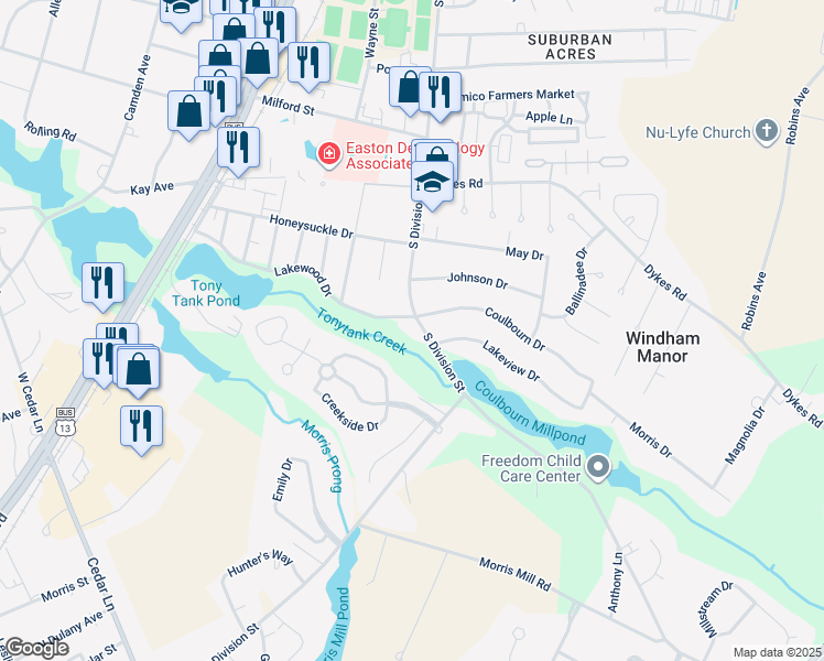 map of restaurants, bars, coffee shops, grocery stores, and more near 1600 South Division Street in Salisbury