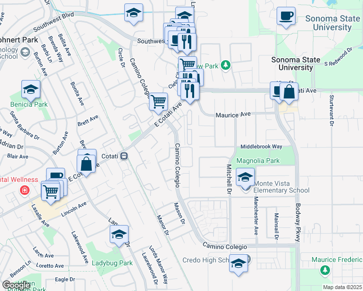 map of restaurants, bars, coffee shops, grocery stores, and more near 7547 Camino Colegio in Rohnert Park