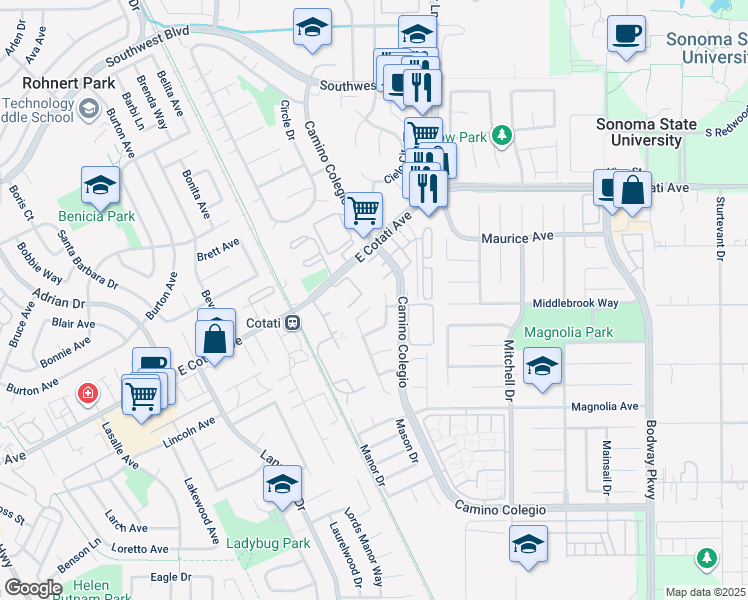 map of restaurants, bars, coffee shops, grocery stores, and more near 7604 Melody Drive in Rohnert Park