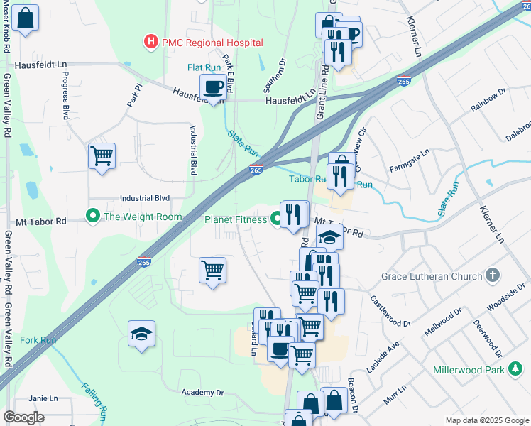 map of restaurants, bars, coffee shops, grocery stores, and more near 719 Mount Tabor Road in New Albany