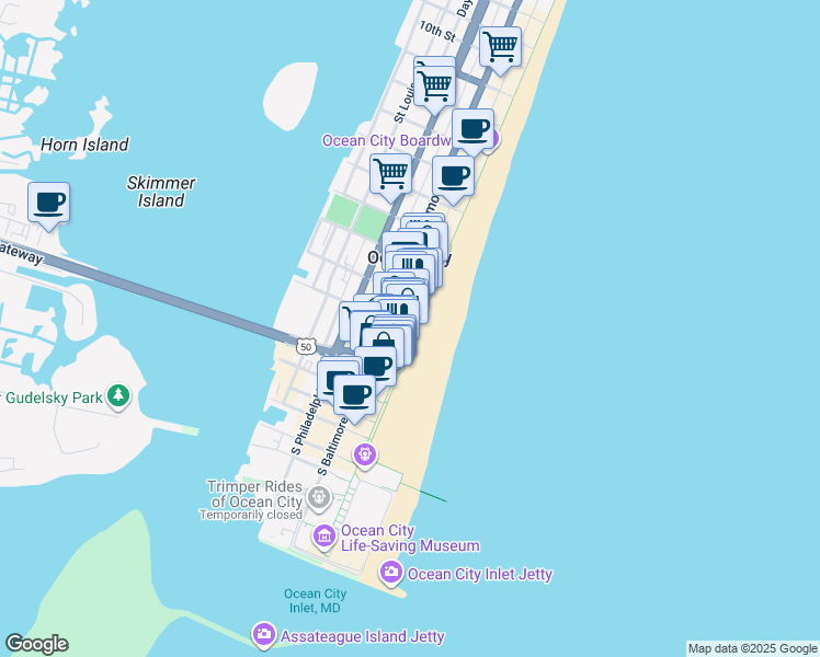 map of restaurants, bars, coffee shops, grocery stores, and more near 107 North Atlantic Avenue in Ocean City