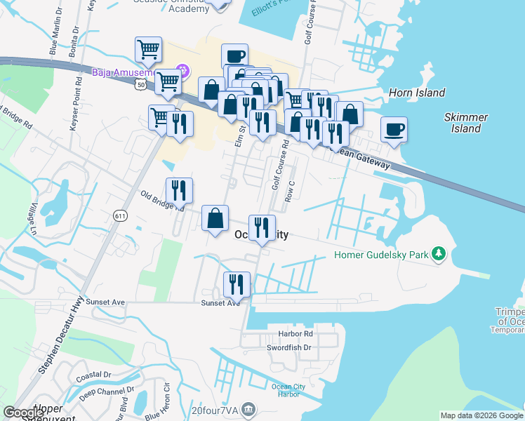 map of restaurants, bars, coffee shops, grocery stores, and more near 9823 Golf Course Road in Ocean City